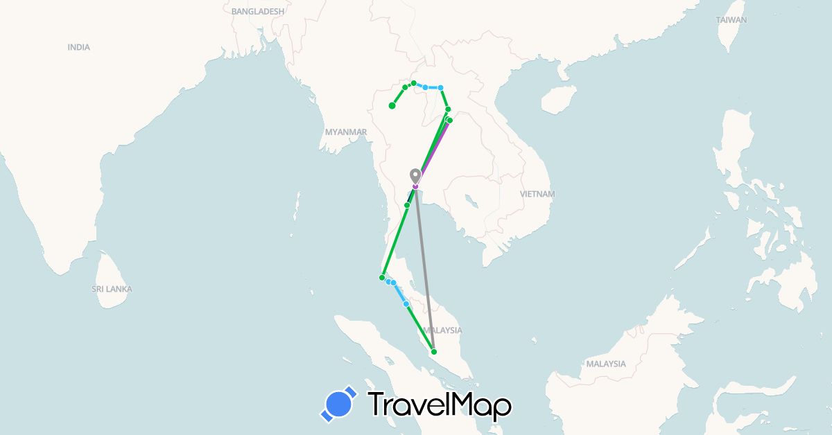 TravelMap itinerary: driving, bus, plane, train, boat in Laos, Malaysia, Thailand (Asia)